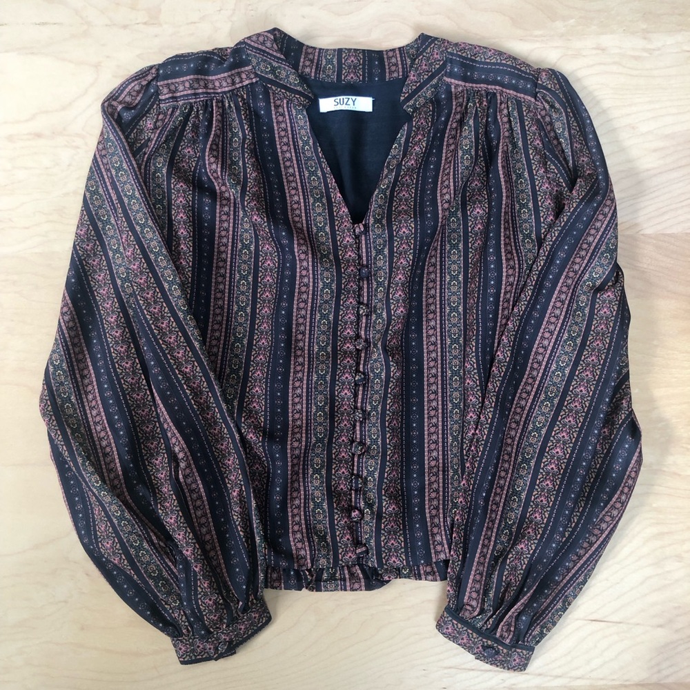 Suzy by Suzy Shier Boho Striped Floral Balloon hem Blouse Small